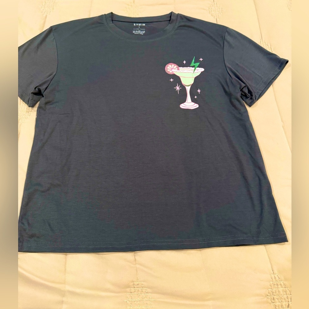 SHEIN t-shirt, gray with fun pink and green margarita design front and back.​